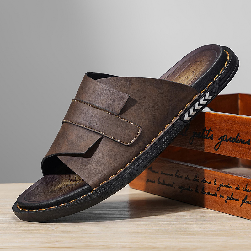 Flip Flop Leather Men - 2026年夏 クラシックレザー メンズスリッパ 大きいサイズ 軽量 通気性