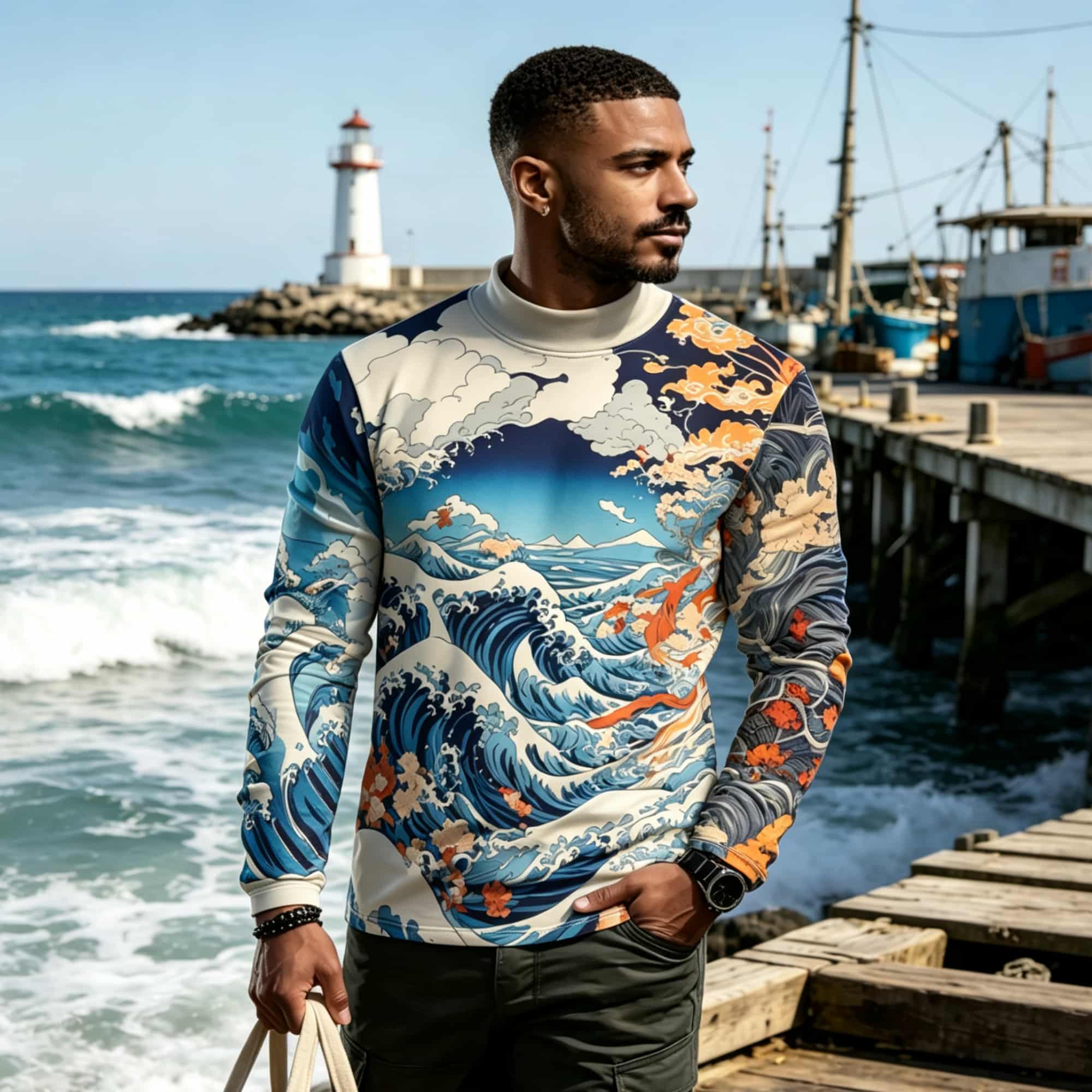 Tee Graphic Print - 日本の浮世絵風波模様の長袖Tシャツ。男性用。ヴィンテージ感のある海と雲のアートプリント。モックネックのカジュアルトップス。