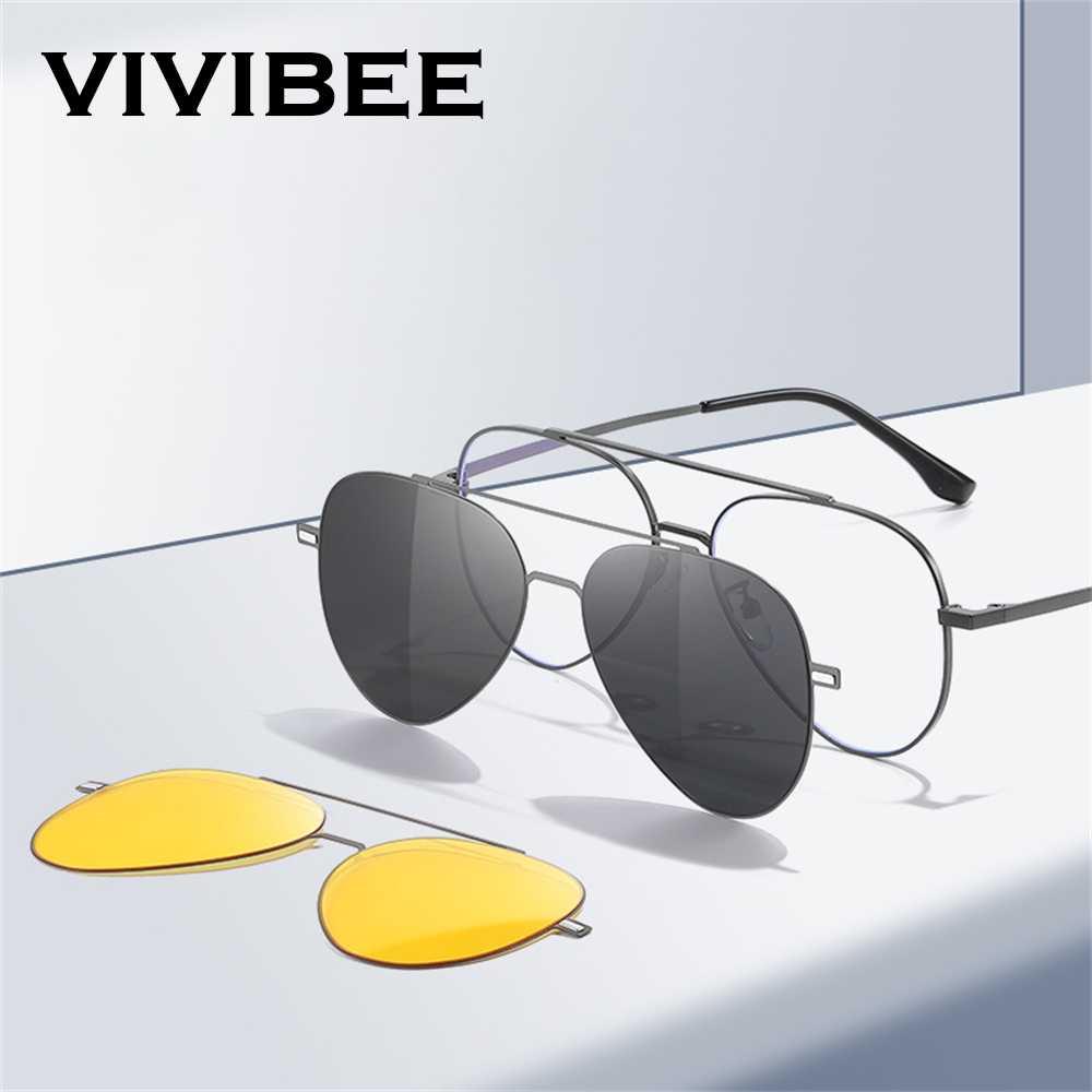 Sunglasses Aviator Polarized - VIVIBEE 航空磁気偏光クリップオンサングラスパイロット男性ナイトビジョン眼鏡フレーム UV400 女性サンシェード