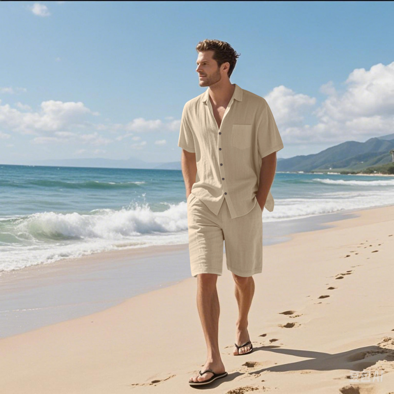 Linen Shirt Breathable - 2026年夏 高品質 メンズリネンカジュアル通気性半袖シャツセット ビーチ無地ラペルボタン付きトップス＆ショーツ 2点セット