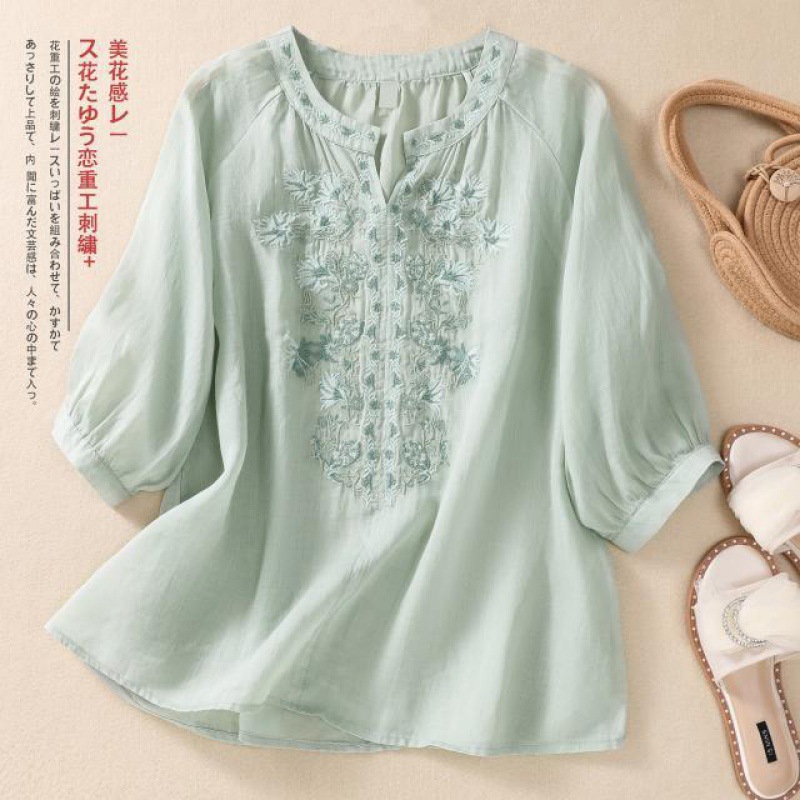 Linen Shirt Breathable - ヴィンテージリネン刺繍ブラウス女性の夏の V ネックスリムフィットカジュアル無地半袖シャツ