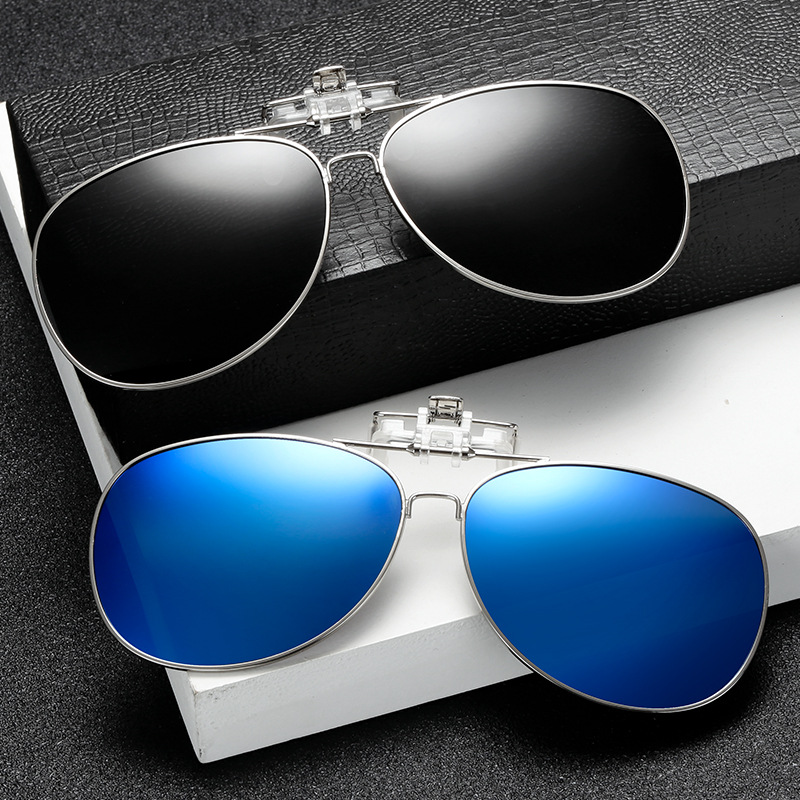 Sunglasses Aviator Polarized - 偏光レンズを使用したサングラス。クリップで簡単に装着可能。夜間視認性に優れたイエローレンズ。航空機用メタルフレーム。男女兼用。クリップ付きサングラス。