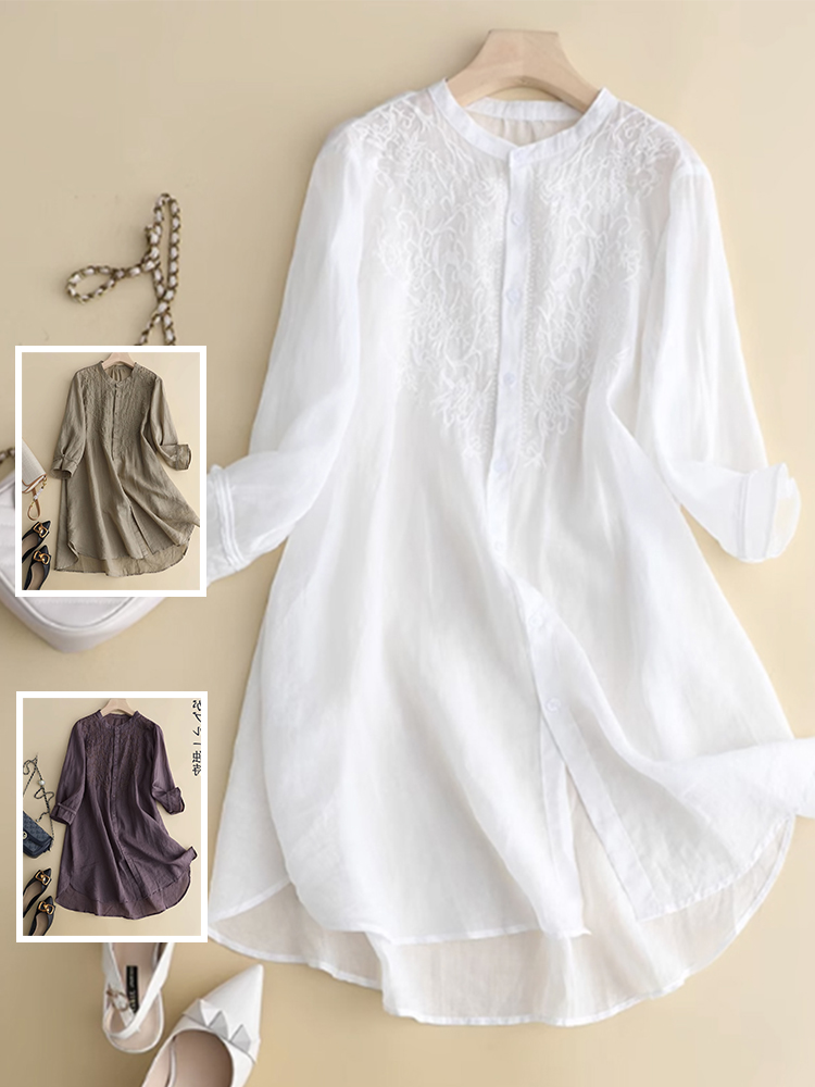 Linen Shirt Breathable - 女性用コットンリネン刺繍シャツ,ミッドレングス,スタンドカラー,ルーズ,通気性,エレガント,カジュアル,春,夏