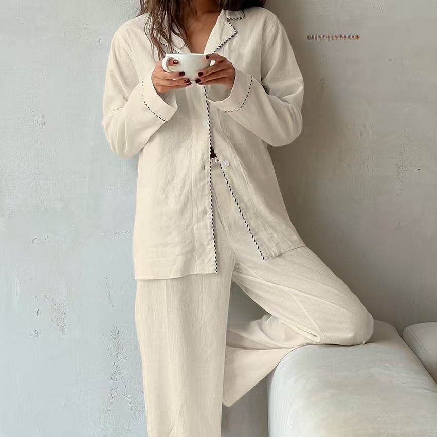 綿女性パジャマセットコントラストステッチラペル襟ボタン長袖シ - Linen Shirt Breathable のレビューと価格