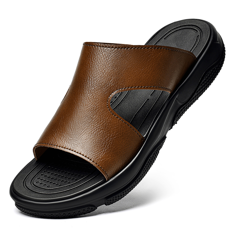 メンズレザースライドサンダル滑り止め厚底カジュアルスリッパ夏 - Flip Flop Leather Men のレビューと価格