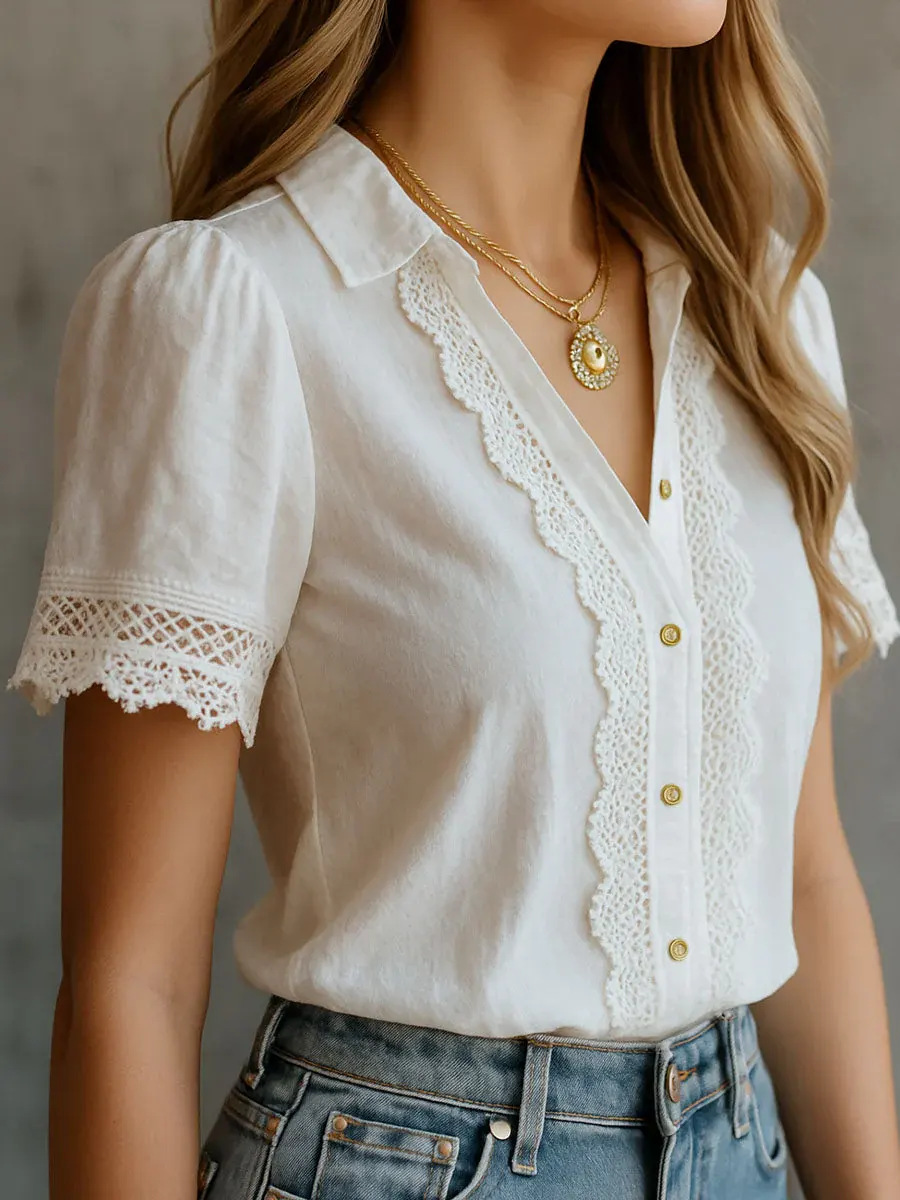 エレガントな女性のシャツカジュアルソリッドカラーラペルボタン - Linen Shirt Breathable のレビューと価格