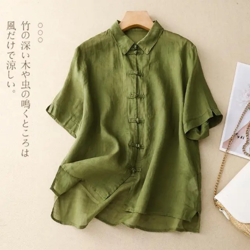 女性の中国風カエルボタンリネンコットン半袖シャツルーズカジュ - Linen Shirt Breathable のレビューと価格