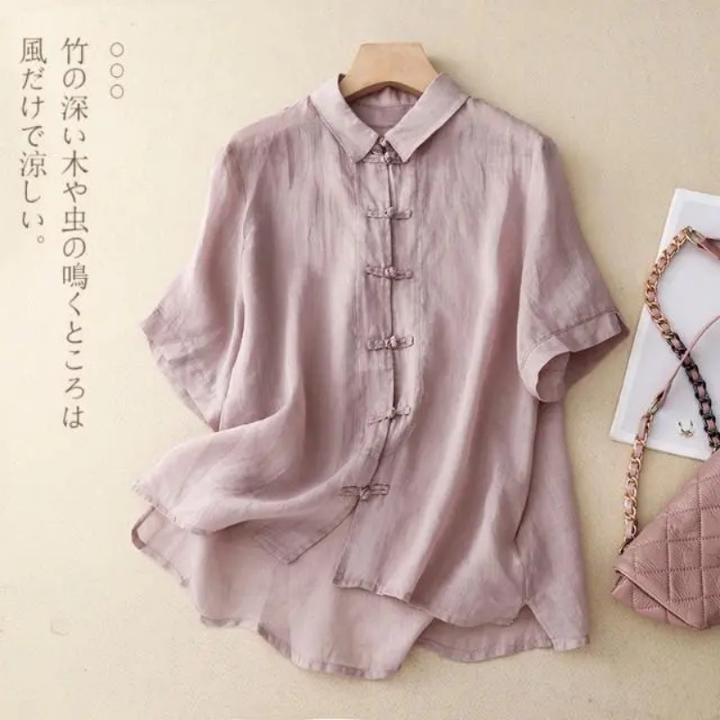 女性の中国風カエルボタンリネンコットン半袖シャツルーズカジュ - Linen Shirt Breathable のレビューと価格