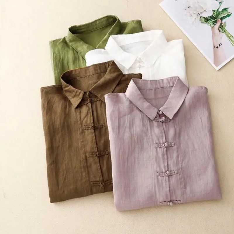 女性の中国風カエルボタンリネンコットン半袖シャツルーズカジュ - Linen Shirt Breathable のレビューと価格