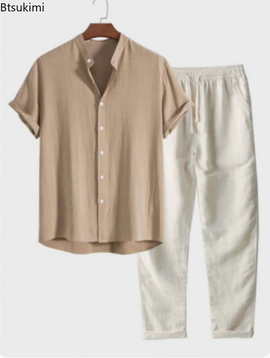 2026年メンズファッション無地ビーチツーピースセット夏軽量 - Linen Shirt Breathable のレビューと価格