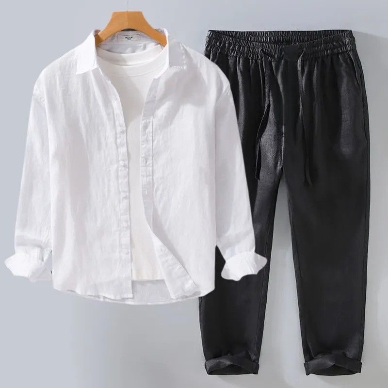 高級ピュアリネンコットンリネンカジュアル長袖メンズシャツ 秋 - Linen Shirt Breathable のレビューと価格