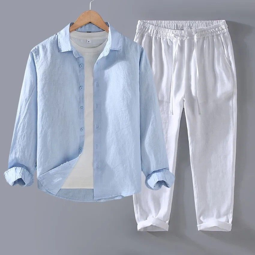 高級ピュアリネンコットンリネンカジュアル長袖メンズシャツ 秋 - Linen Shirt Breathable のレビューと価格