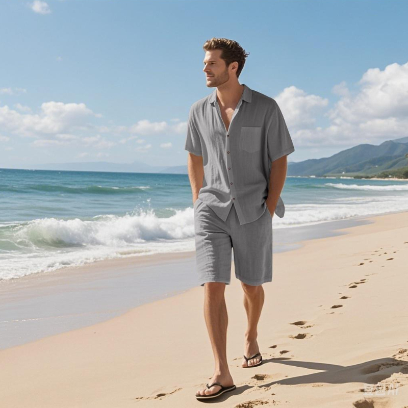 高級メンズサマーショーツセット　通気性のある半袖シャツ　カジ - Linen Shirt Breathable のレビューと価格