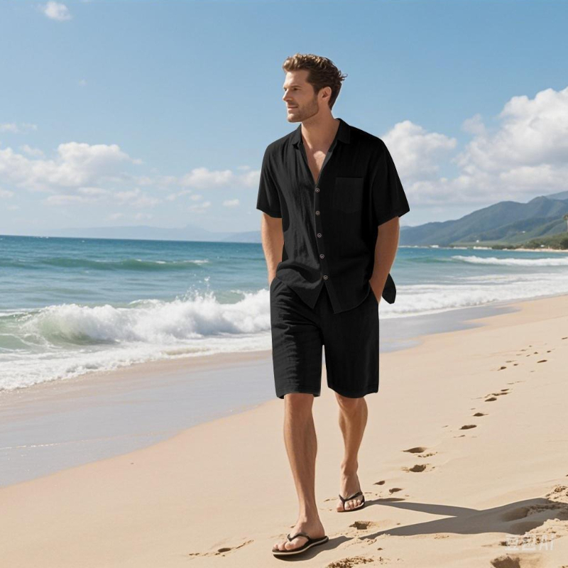 高級メンズサマーショーツセット　通気性のある半袖シャツ　カジ - Linen Shirt Breathable のレビューと価格
