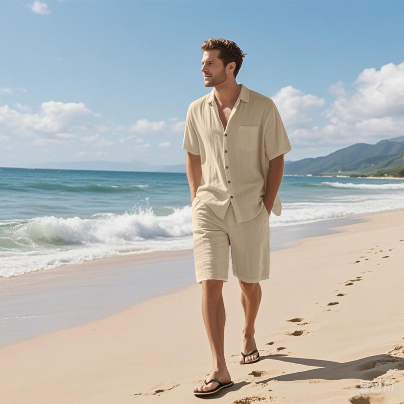 高級メンズサマーショーツセット　通気性のある半袖シャツ　カジ - Linen Shirt Breathable のレビューと価格