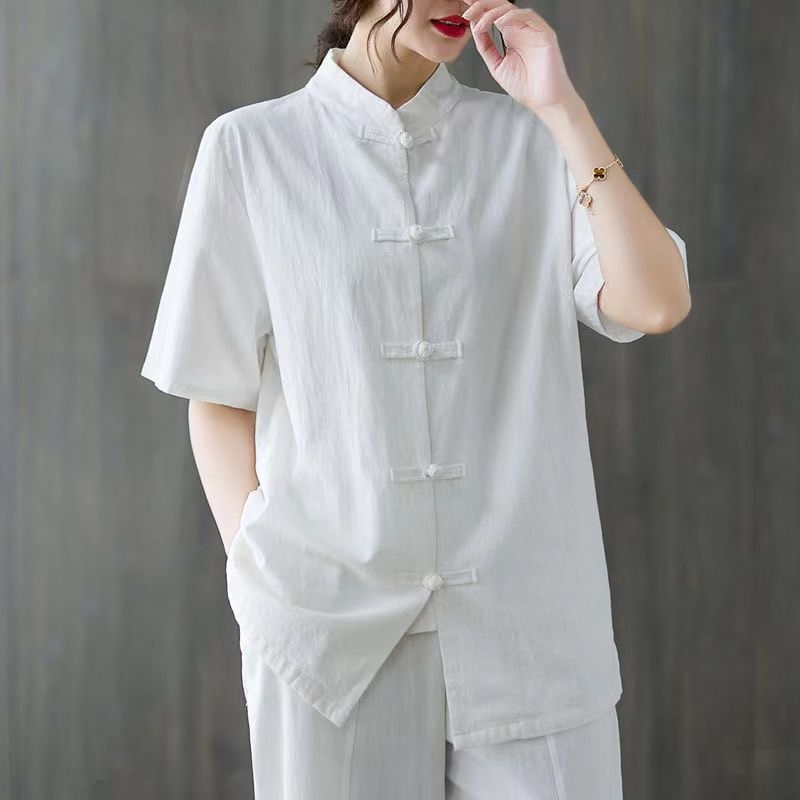 女性用中国風リネンコットントップマンダリンカラーカエルボタン - Linen Shirt Breathable のレビューと価格