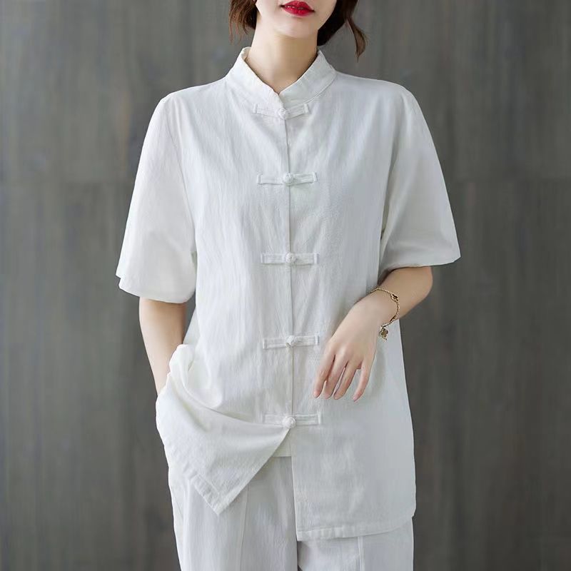 女性用中国風リネンコットントップマンダリンカラーカエルボタン - Linen Shirt Breathable のレビューと価格