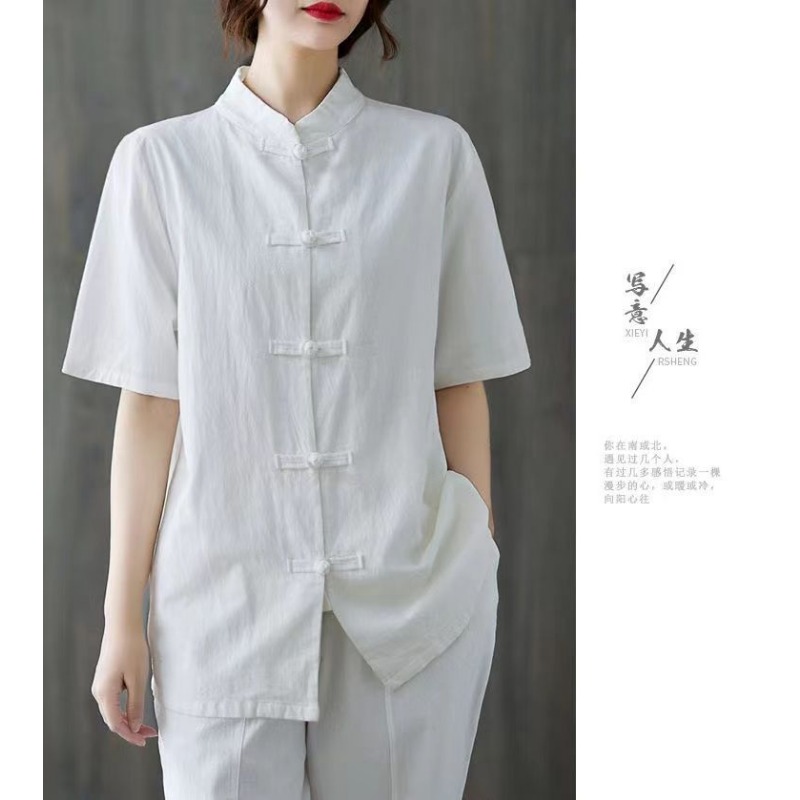 女性用中国風リネンコットントップマンダリンカラーカエルボタン - Linen Shirt Breathable のレビューと価格