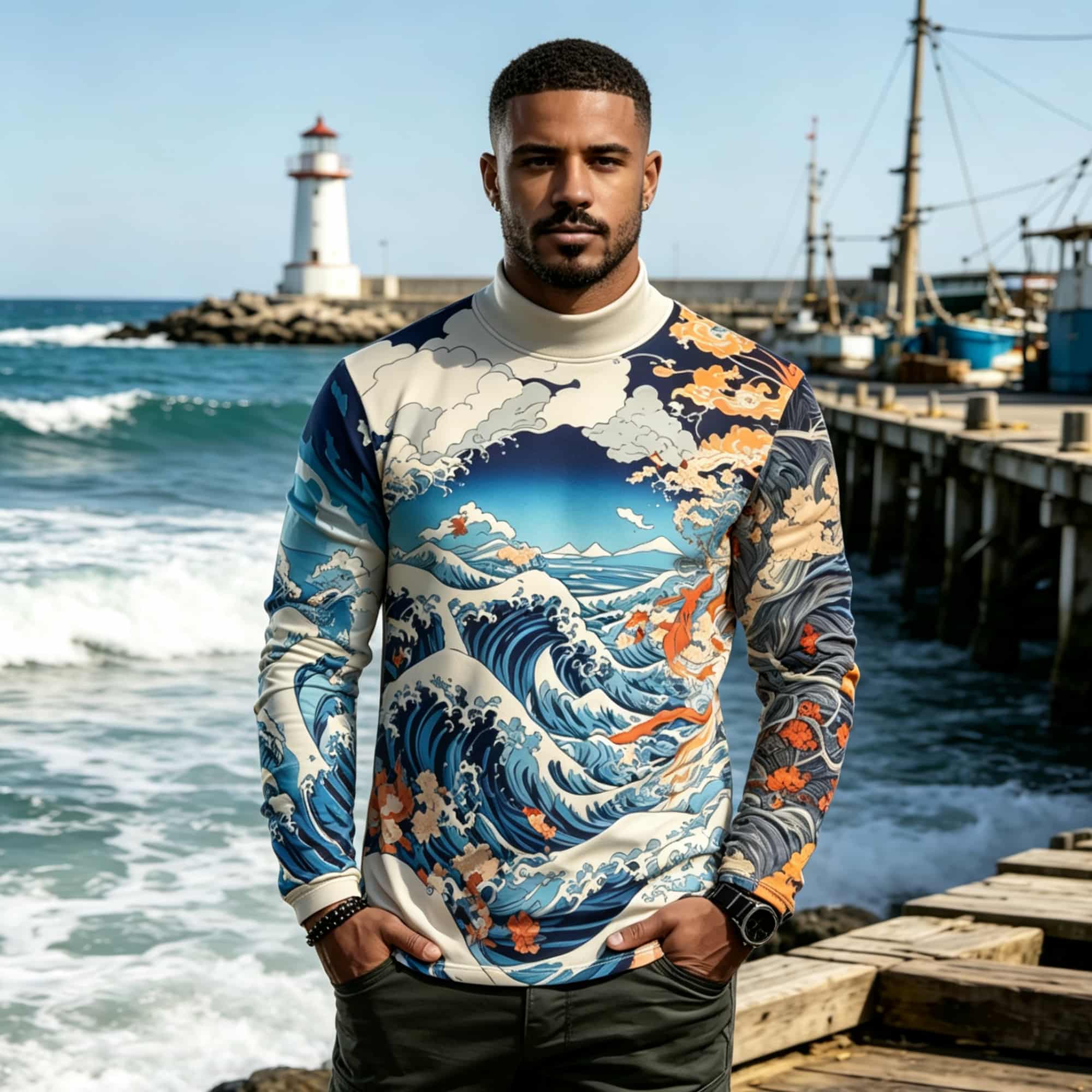 日本の浮世絵風波模様の長袖Tシャツ。男性用。ヴィンテージ感の - Tee Graphic Print のレビューと価格