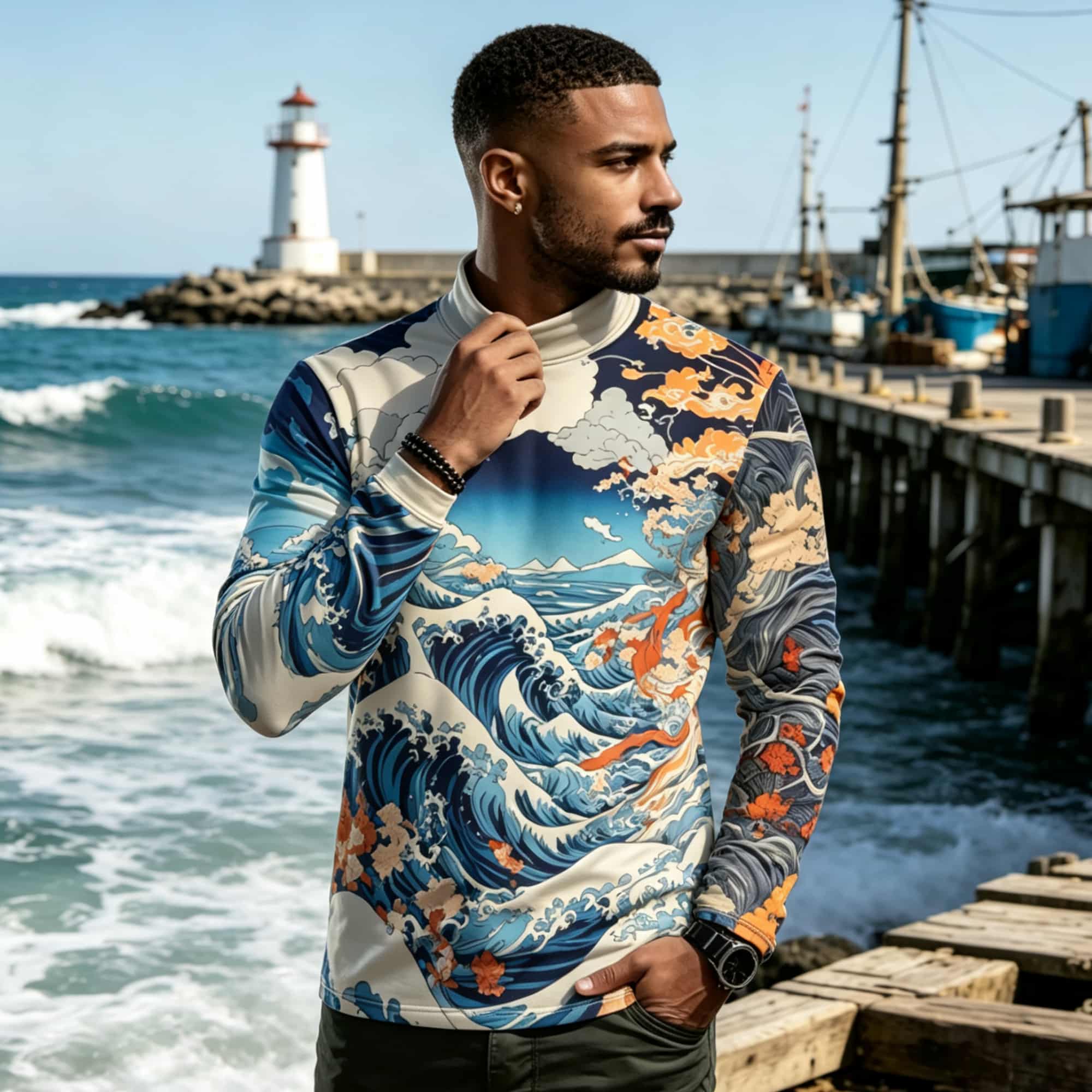 日本の浮世絵風波模様の長袖Tシャツ。男性用。ヴィンテージ感の - Tee Graphic Print のレビューと価格