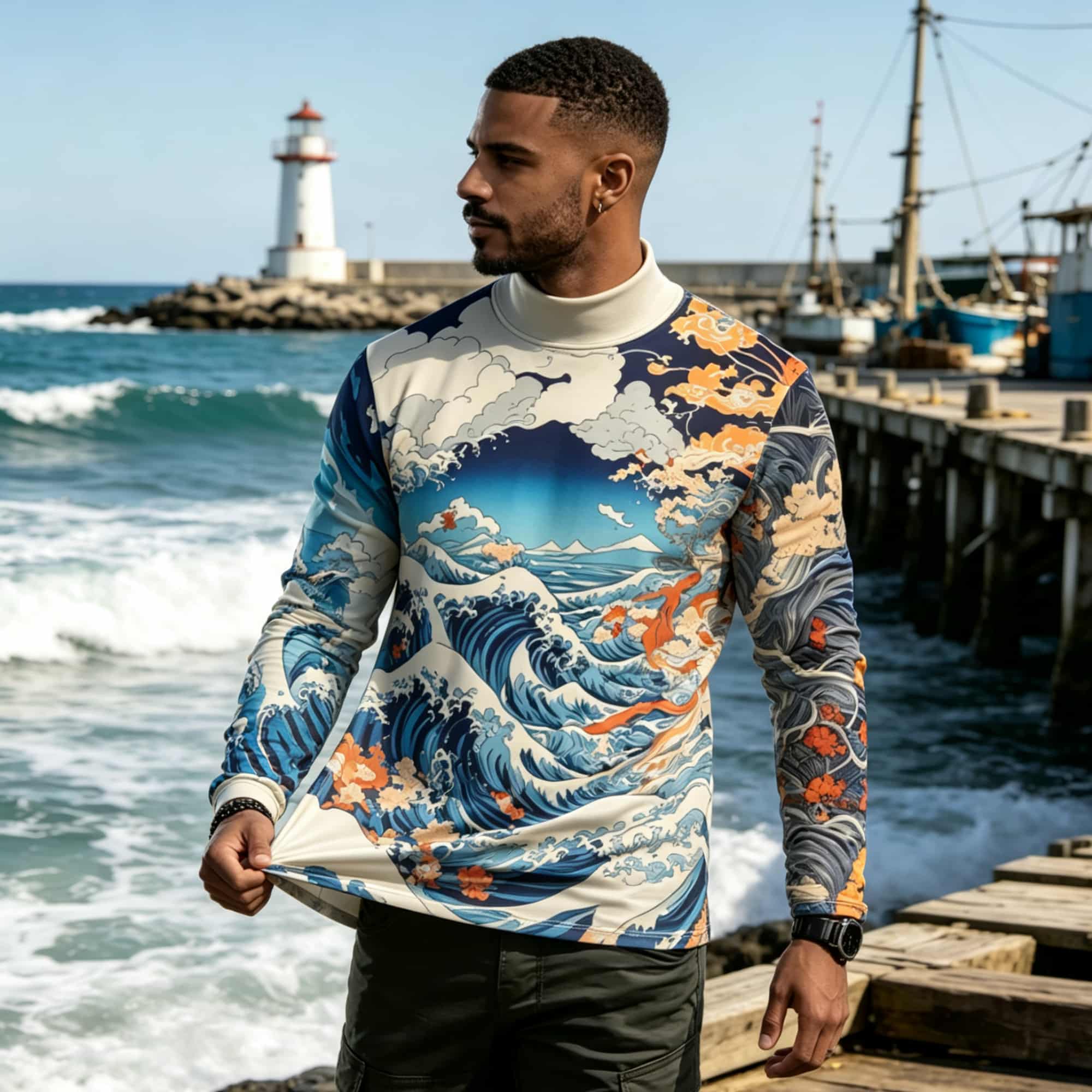 日本の浮世絵風波模様の長袖Tシャツ。男性用。ヴィンテージ感の - Tee Graphic Print のレビューと価格