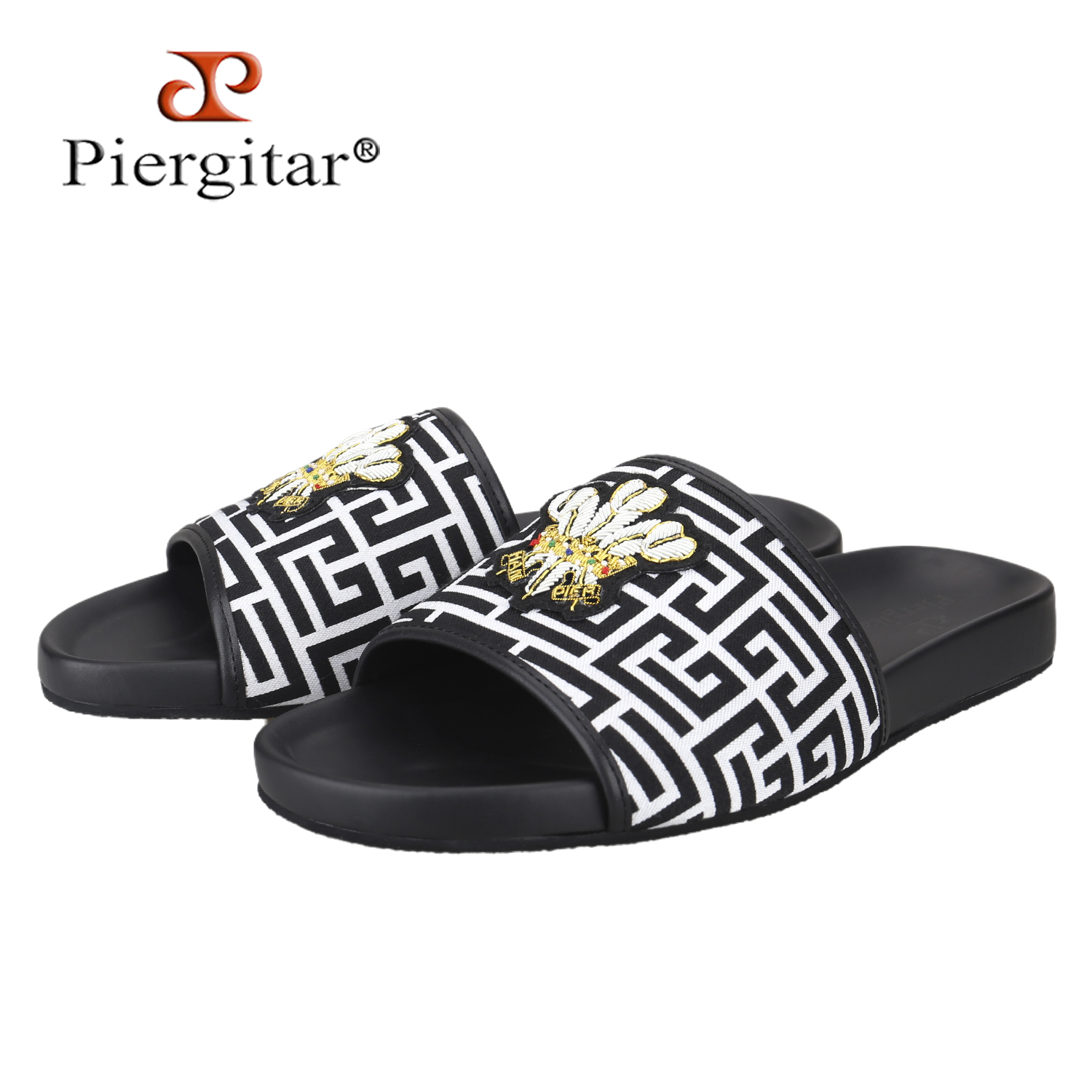 Piergitar 夏モデル黒と白のプリントキャンバスメンズ - Flip Flop Leather Men のレビューと価格