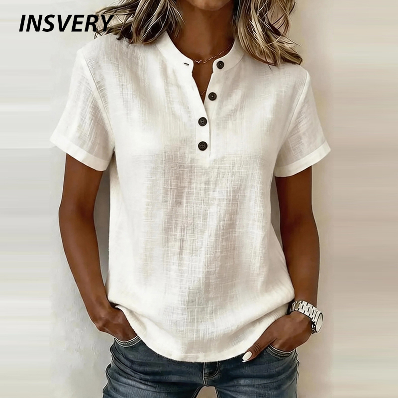 夏用半袖ベーシックブラウス レディースシャツ 無地 Vネック - Linen Shirt Breathable のレビューと価格