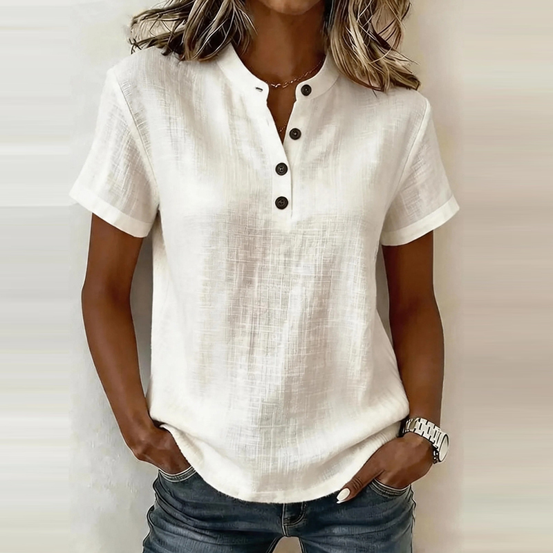 夏用半袖ベーシックブラウス レディースシャツ 無地 Vネック - Linen Shirt Breathable のレビューと価格