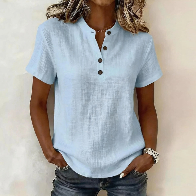 夏用半袖ベーシックブラウス レディースシャツ 無地 Vネック - Linen Shirt Breathable のレビューと価格