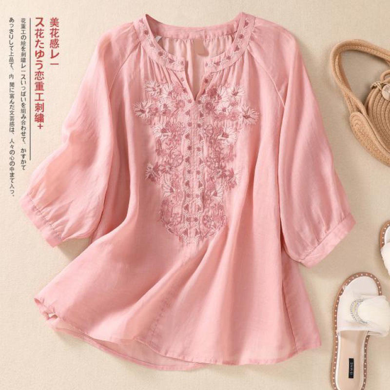 ヴィンテージリネン刺繍ブラウス女性の夏の V ネックスリムフ - Linen Shirt Breathable のレビューと価格