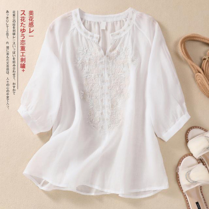 ヴィンテージリネン刺繍ブラウス女性の夏の V ネックスリムフ - Linen Shirt Breathable のレビューと価格