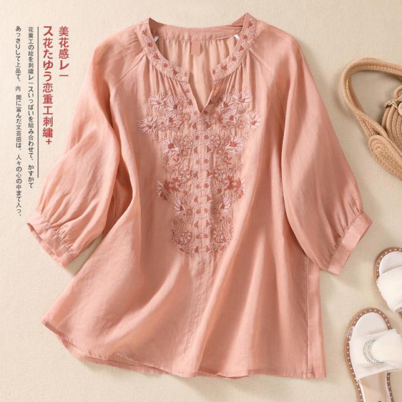 ヴィンテージリネン刺繍ブラウス女性の夏の V ネックスリムフ - Linen Shirt Breathable のレビューと価格