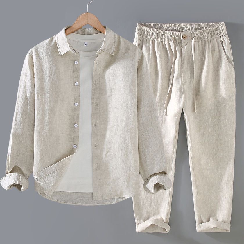 高級純麻セット メンズ長袖カジュアル通気性コットンリネンシャ - Linen Shirt Breathable のレビューと価格