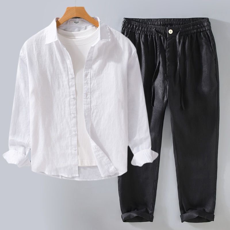 高級純麻セット メンズ長袖カジュアル通気性コットンリネンシャ - Linen Shirt Breathable のレビューと価格