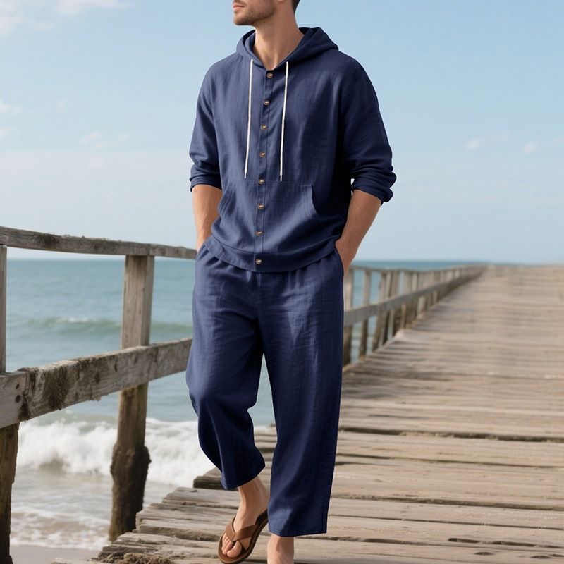 メンズリネンビーチセット サマーカジュアル フード付きシャツ - Linen Shirt Breathable のレビューと価格