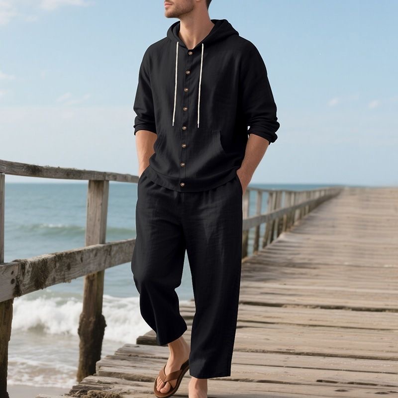 メンズリネンビーチセット サマーカジュアル フード付きシャツ - Linen Shirt Breathable のレビューと価格