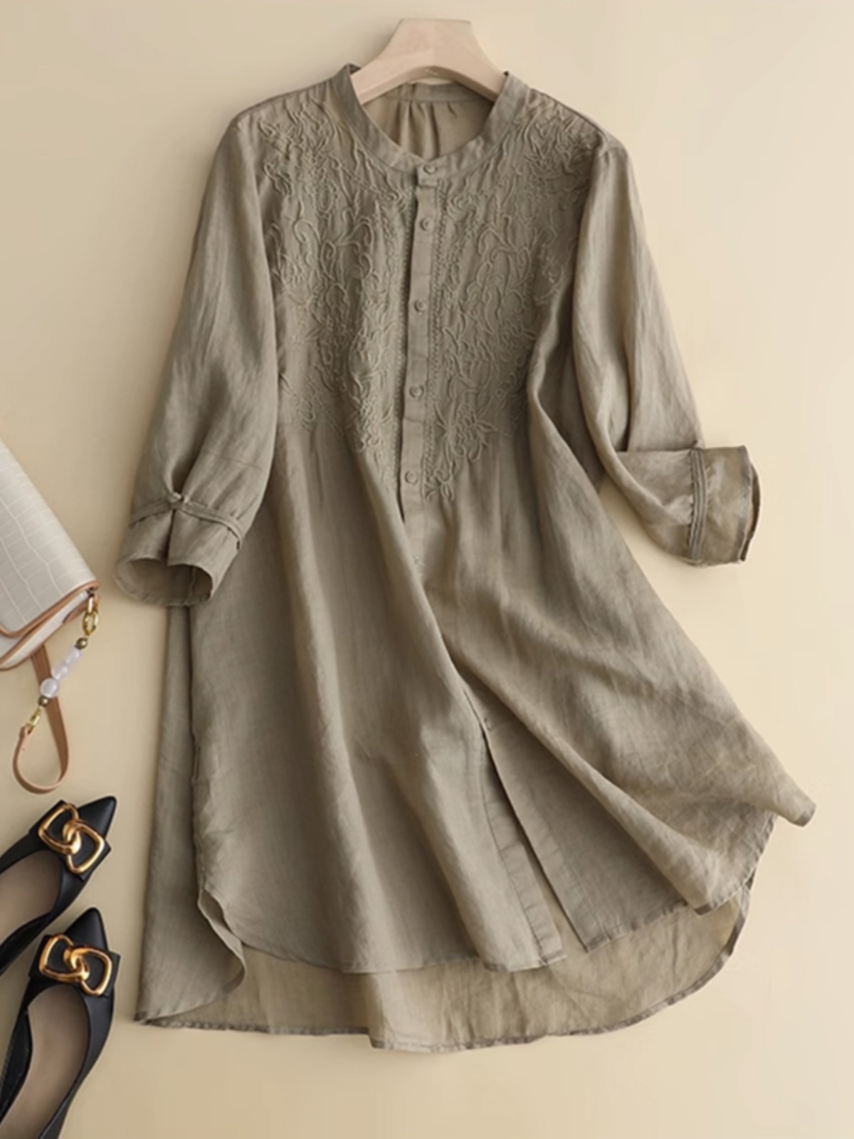 女性用コットンリネン刺繍シャツ,ミッドレングス,スタンドカラ - Linen Shirt Breathable のレビューと価格