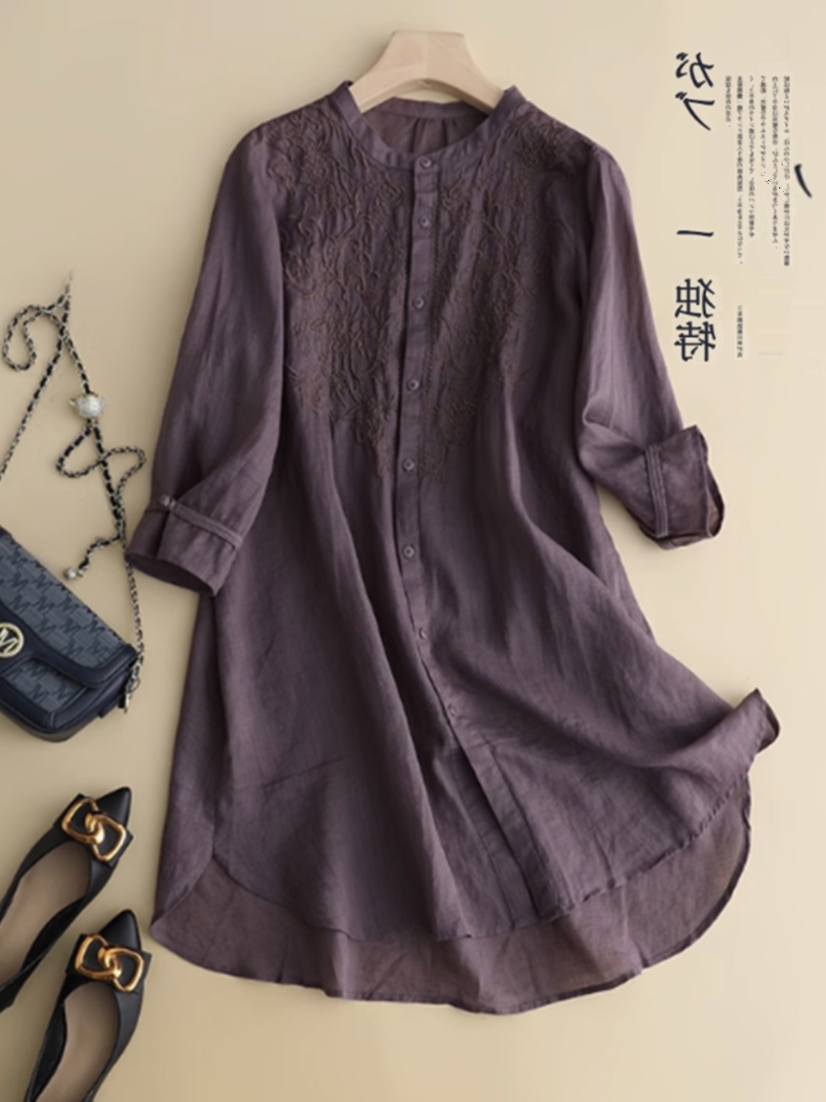 女性用コットンリネン刺繍シャツ,ミッドレングス,スタンドカラ - Linen Shirt Breathable のレビューと価格