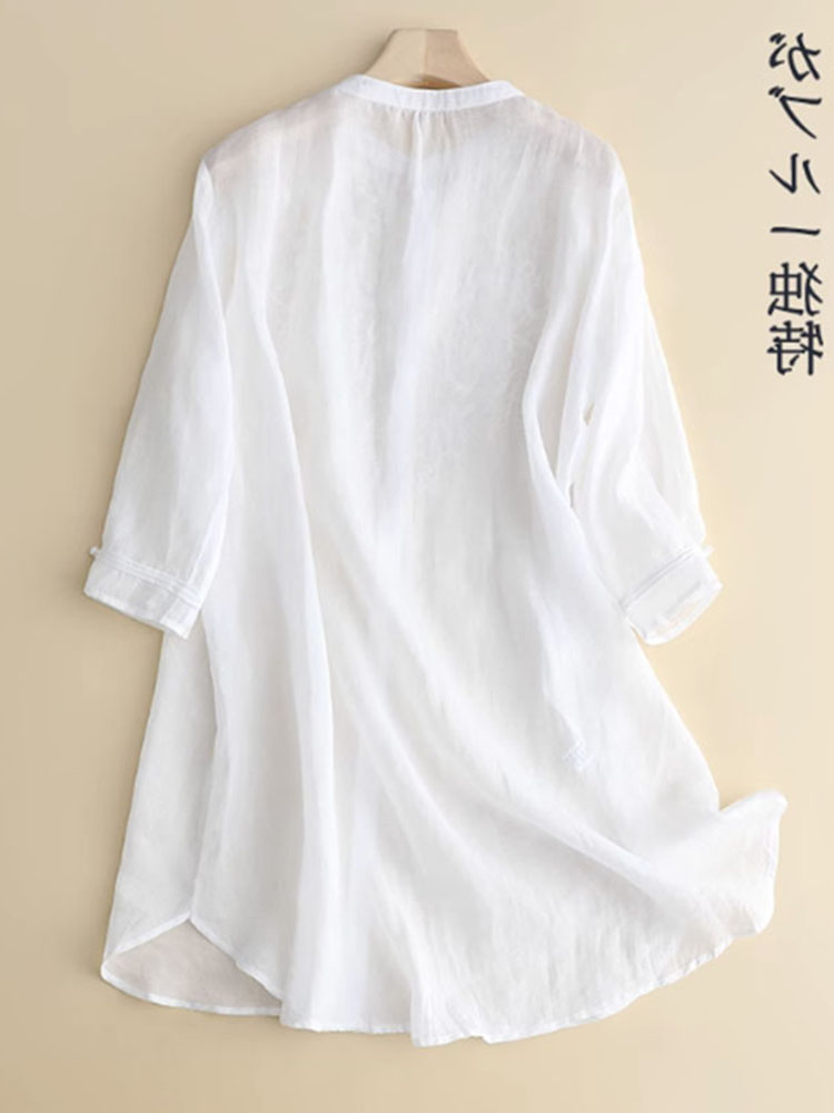 女性用コットンリネン刺繍シャツ,ミッドレングス,スタンドカラ - Linen Shirt Breathable のレビューと価格